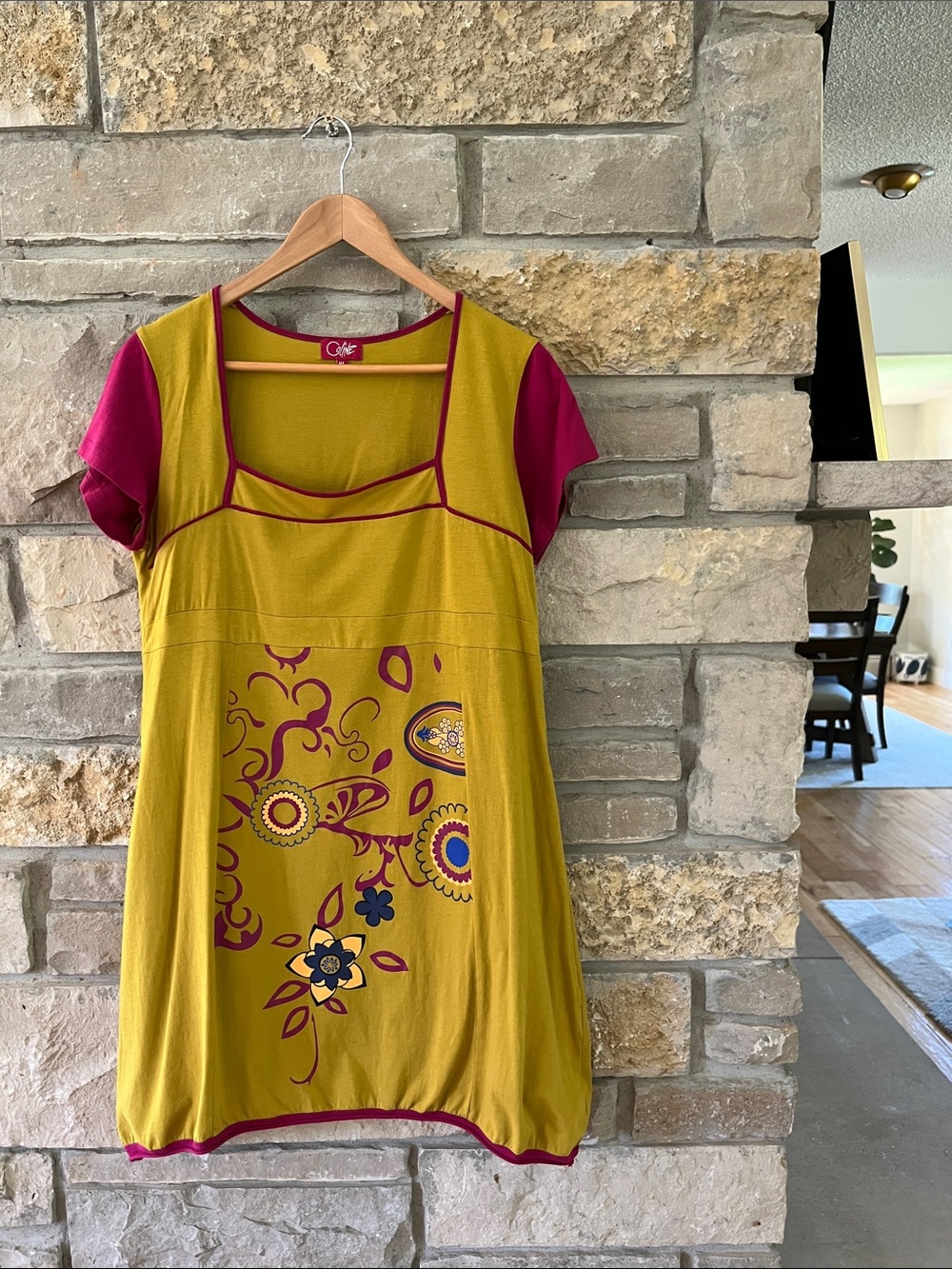 Coline Tunic Dress Green with Hot Pink Trim & Floral Abstract Print Size XL